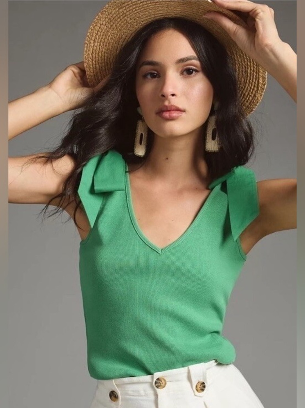 ANTHROPOLOGIE | Maeve Emerald Green Ribbed Bow-Shoulder Sweater Tank
